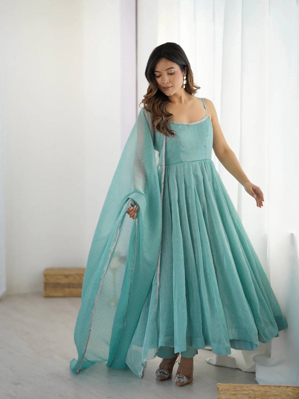 Sky Blue Color Crunchy Silk Siroski Work Anarkali – gopifashion