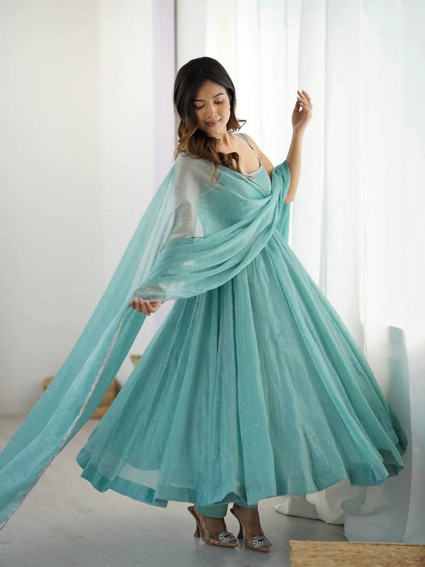 Sky Blue Color Crunchy Silk Siroski Work Anarkali