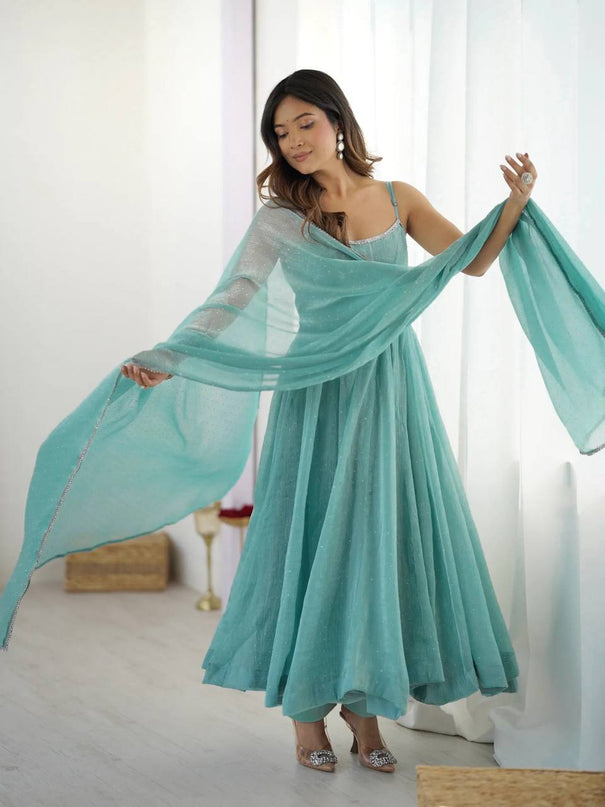 Sky Blue Color Crunchy Silk Siroski Work Anarkali