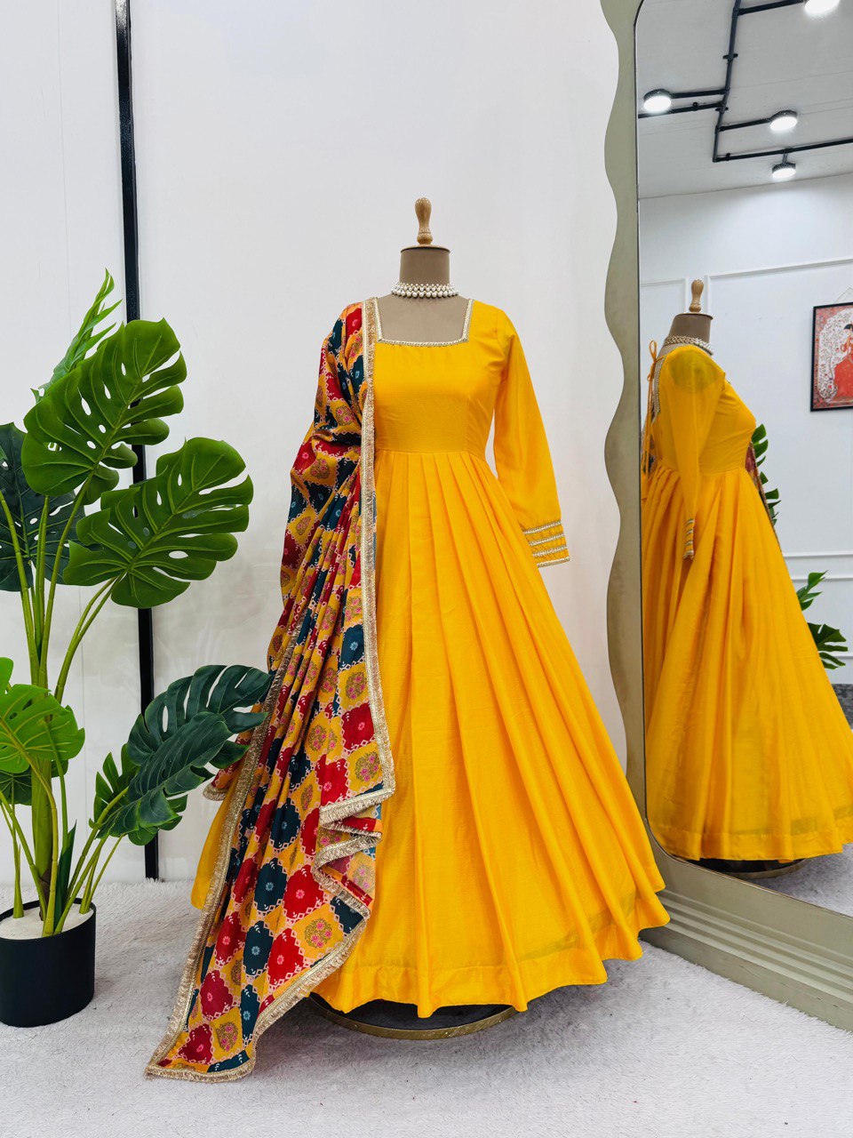 Haldi Special Yellow Gown In Silk Fabric With Fully plazzo – gopifashion Haldi Special Yellow Gown In Silk Fabric With Fully plazzo – gopifashion
