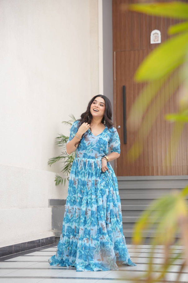 Faux Georgette Print Work Cotton Lining Gown
