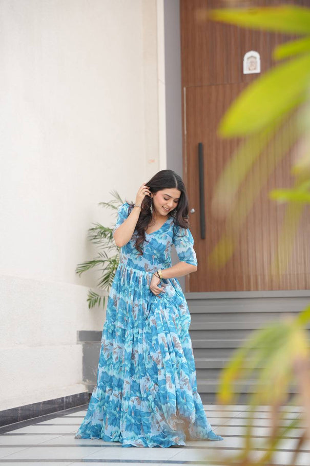Faux Georgette Print Work Cotton Lining Gown