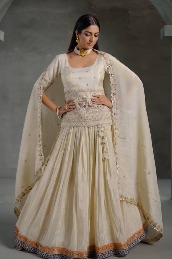 White Color Embroidery Sequins Work Top Lehenga