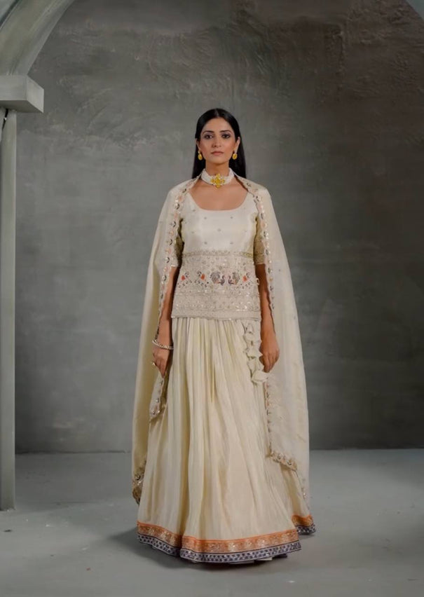 White Color Embroidery Sequins Work Top Lehenga
