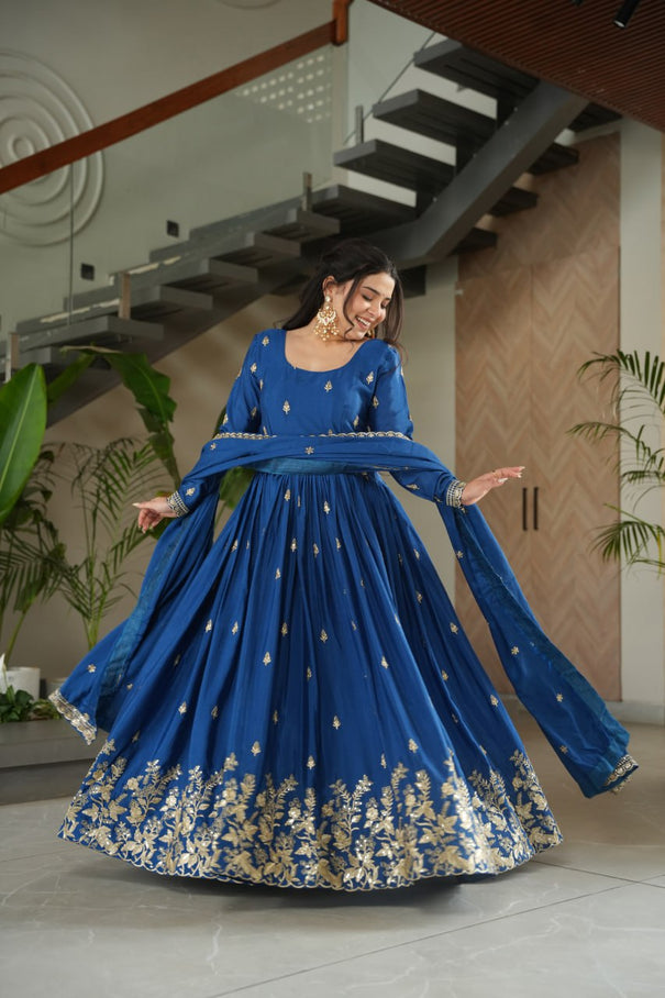 Chinon Embroidery Zari Sequence Work Gown