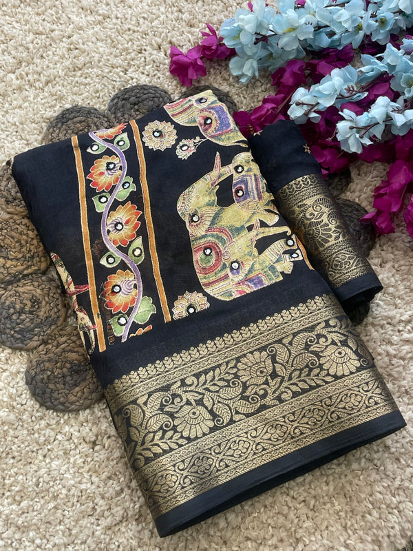 Beautiful Soft Rich Marsh Mellow Silk Elephant Print & Mirror Work Saree