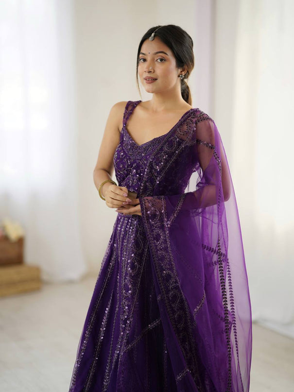 Purple Color Net Fabric Sequence& Dori Work Lehengaa