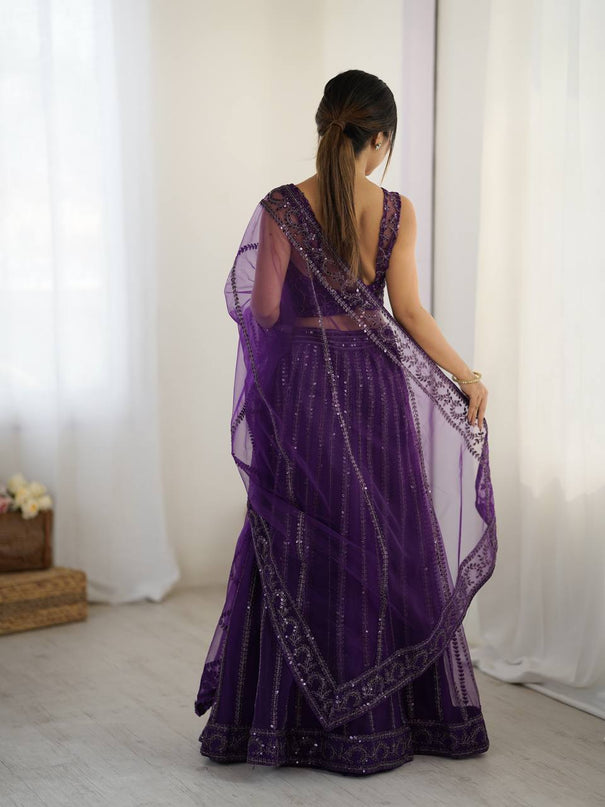 Purple Color Net Fabric Sequence& Dori Work Lehengaa
