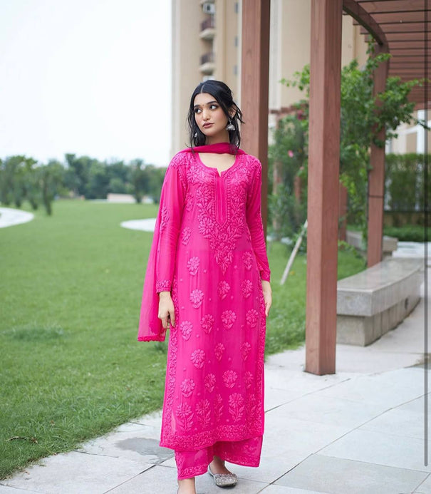 Faux Gergette Embroidery Work Top Plazzo