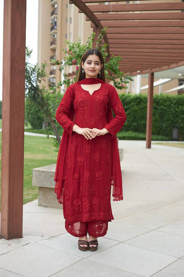 Faux Gergette Embroidery Work Top Plazzo